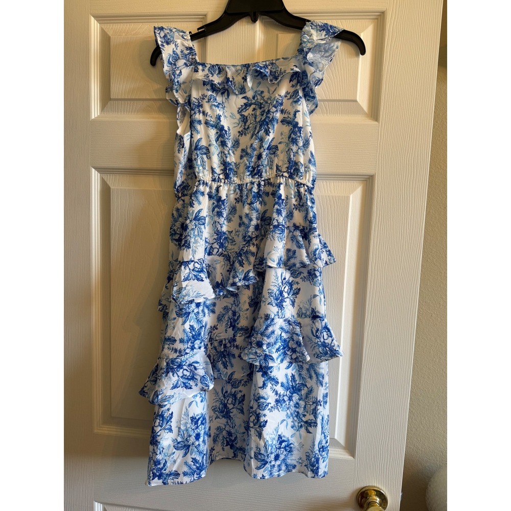 Grace Karin Girls Blue White Floral Toile Ruffle Tiered Party Dress Size 12Y